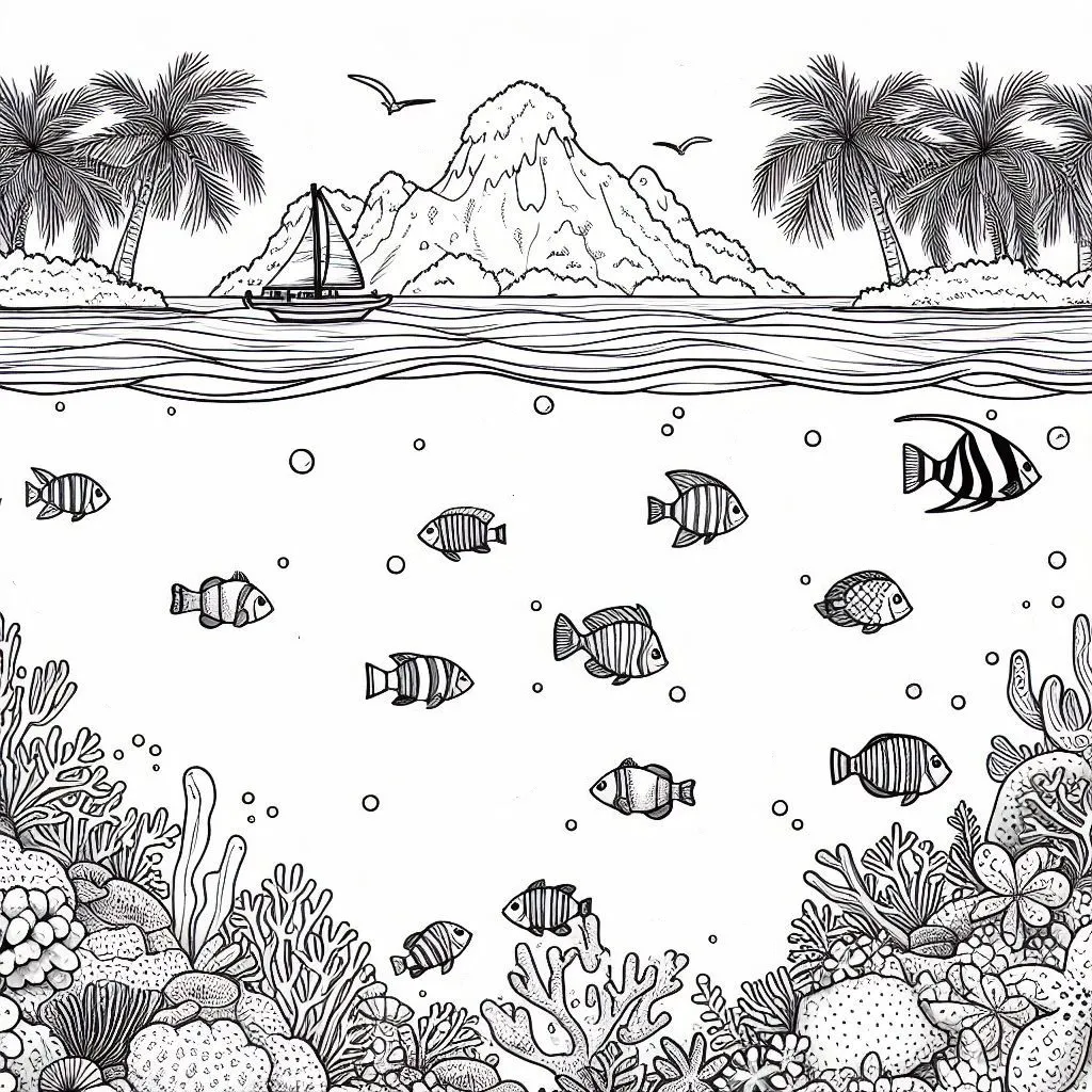 Tropical Fish under the Sea Landscape 🐠🌊 Coloring Page