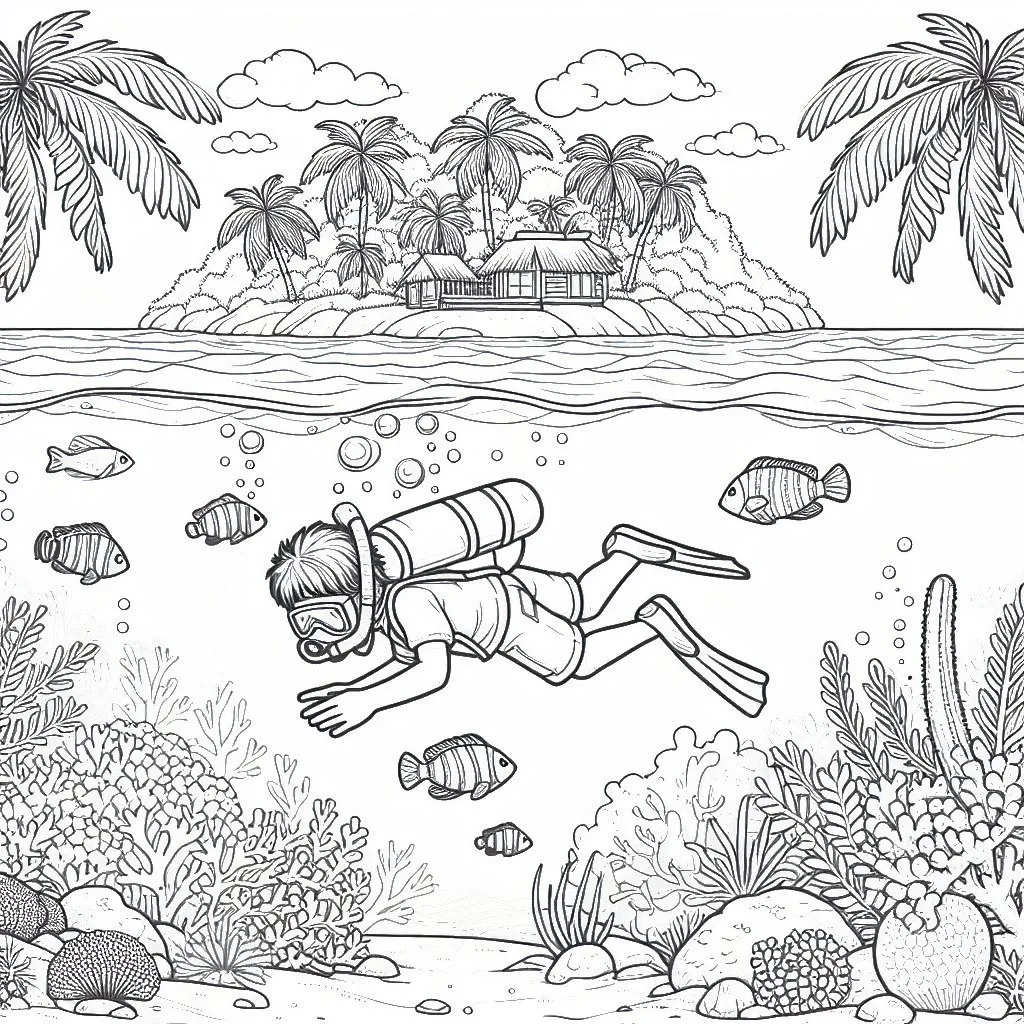 Boy Diving with Tropical Fish under the Sea Landscape 👦🐠🌊 Coloring Page