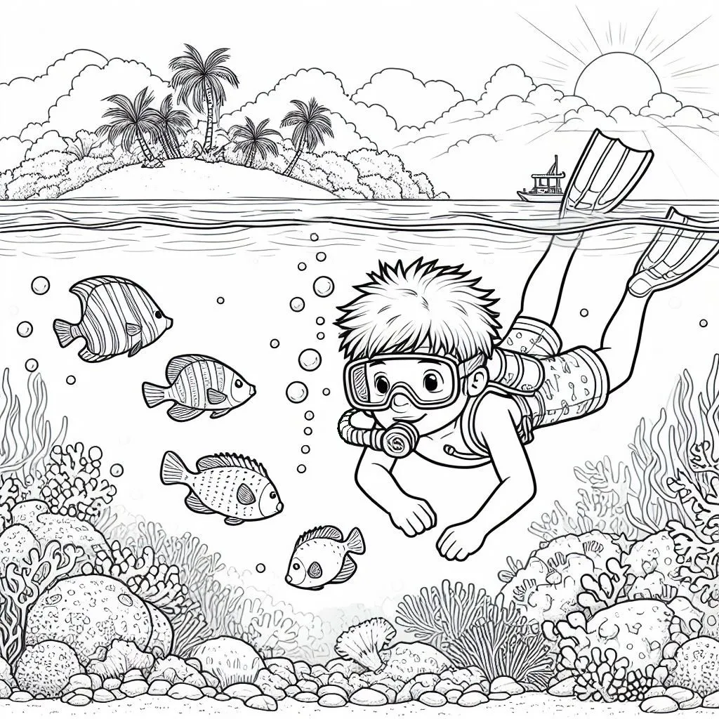 Boy Diving with Tropical Fish under the Sea Landscape 👦🐠🌊 Coloring Page