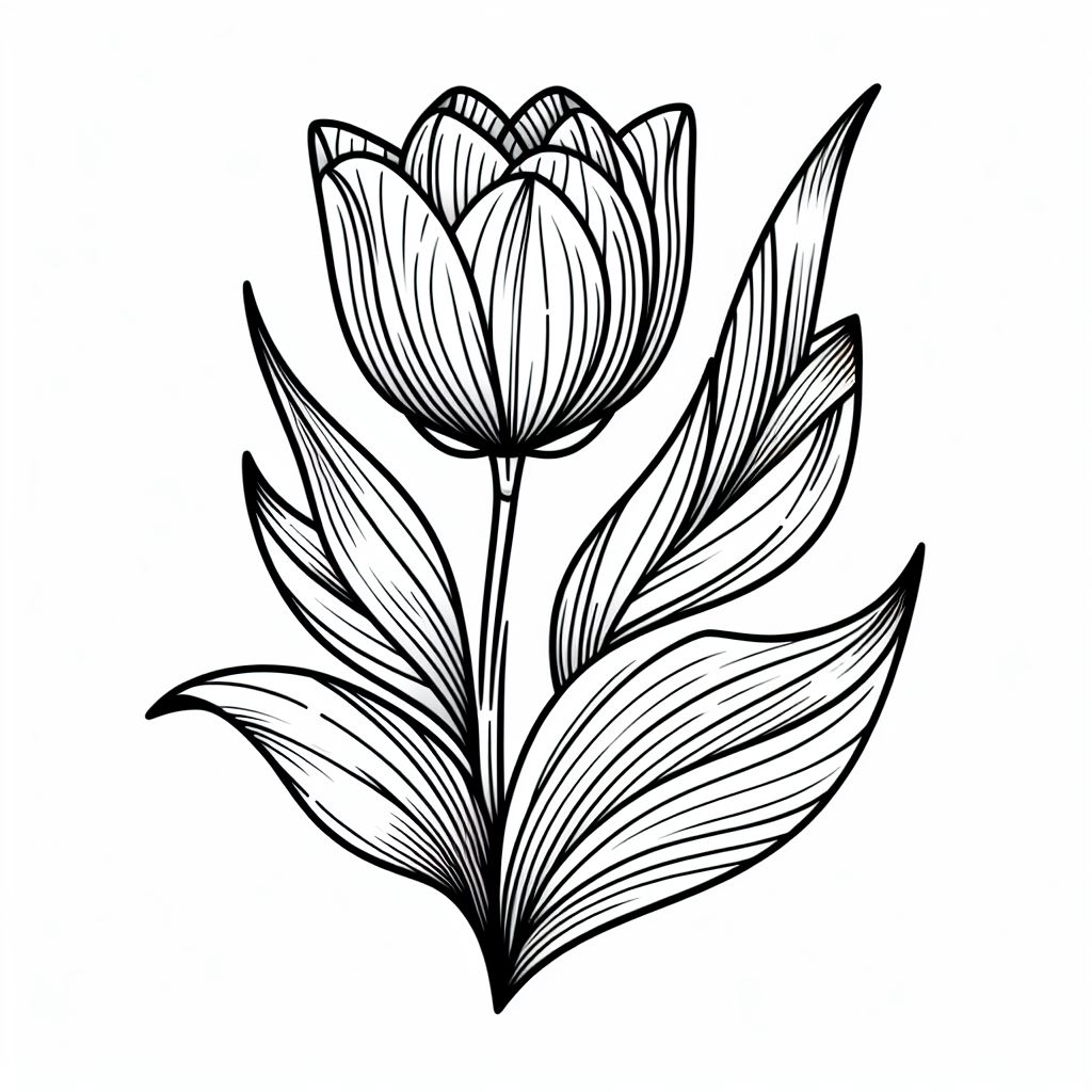 Tulip Flower with Leaves 🌷🍃 Coloring Page
