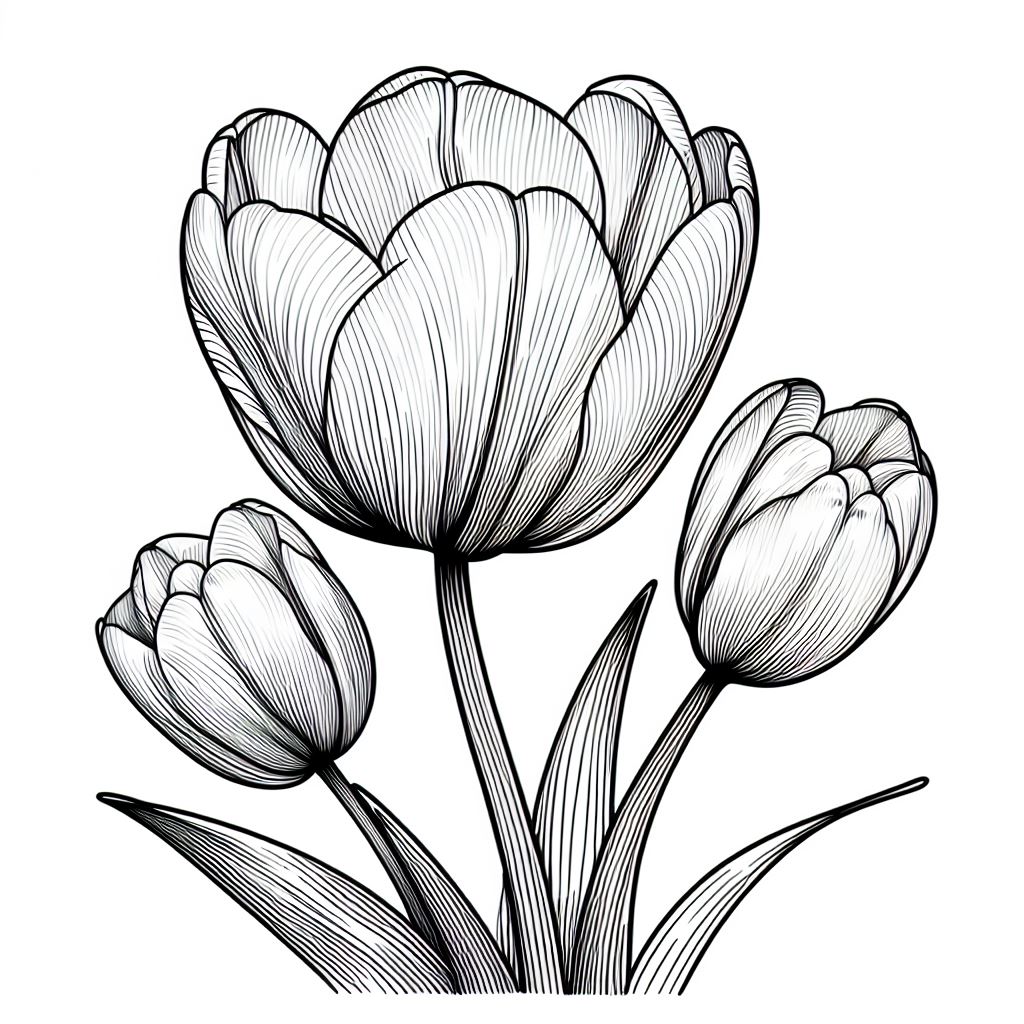 Tulip Flower with Leaves 🌷🍃 Coloring Page