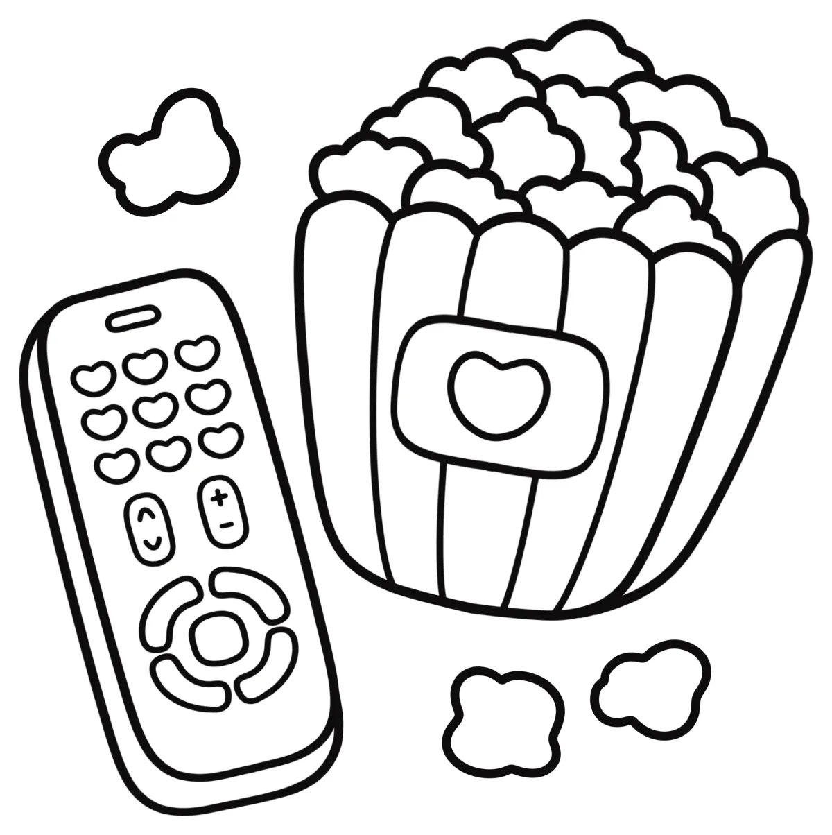 TV Remote Control with Popcorn in Cute Container 🍿📺🛋️ Coloring Page