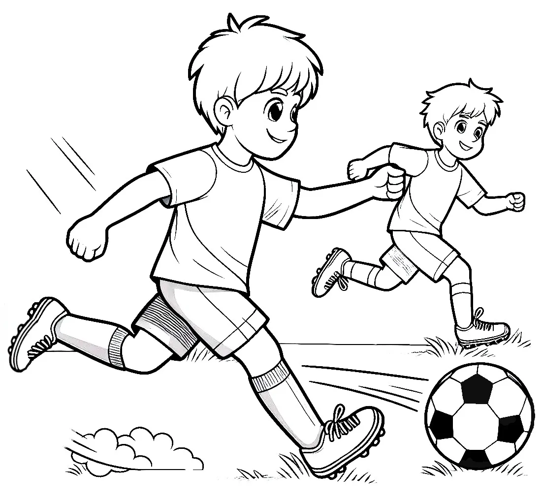Two Boys Running Playing Soccer Together ⚽🏃‍♂️ Coloring Page
