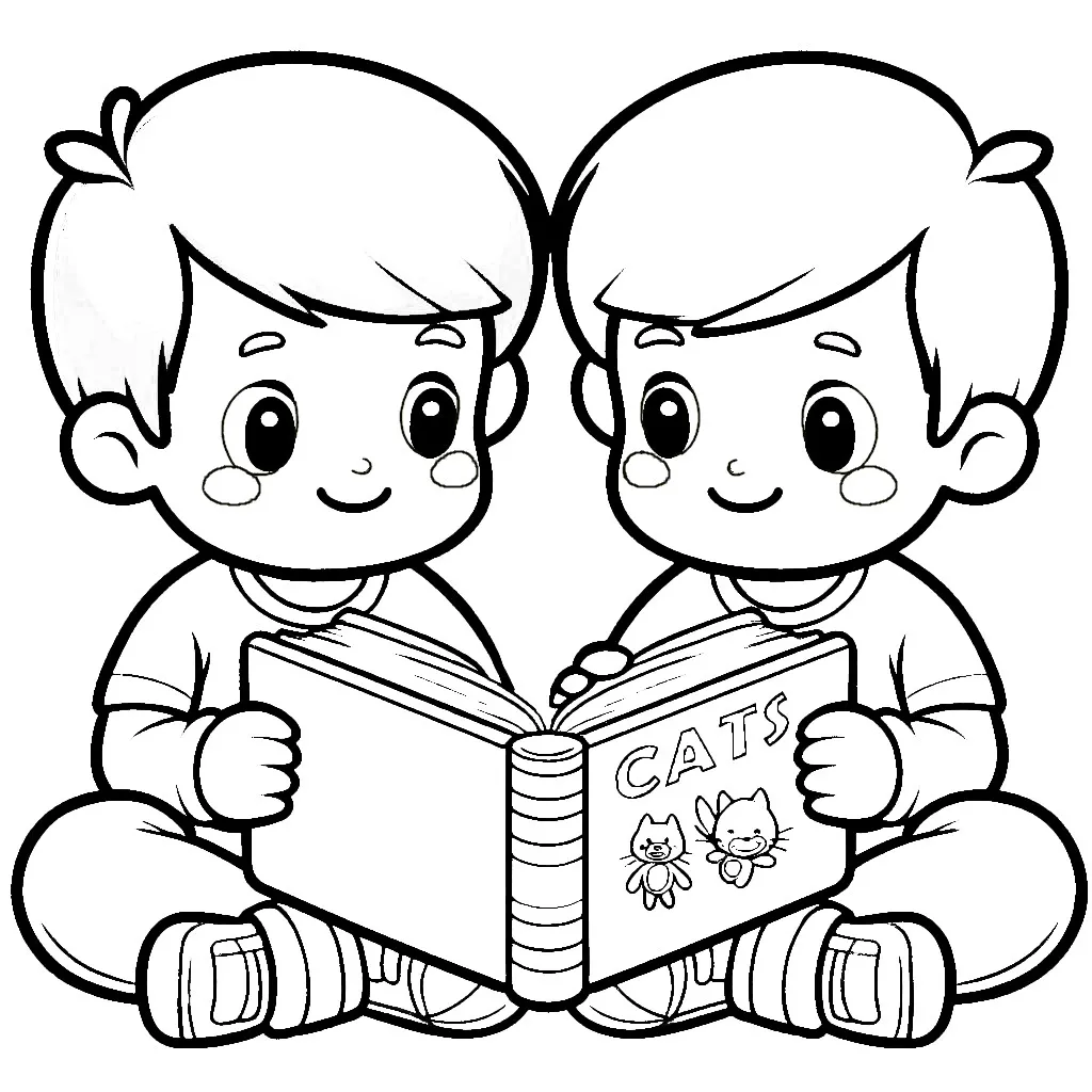 Two Brothers Reading Book about Cats 📚👦👦🐱 Coloring Page