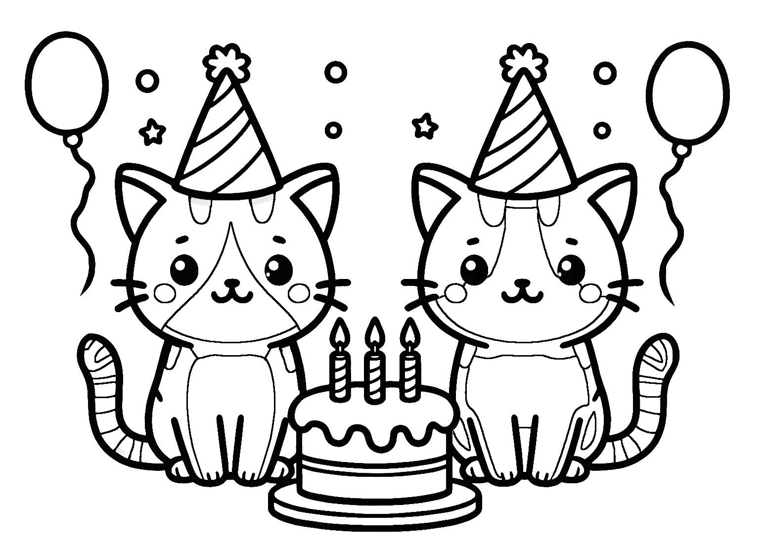 Two Cats with Birthday Cake with Three Candles Party Hats and Balloons 🎂🐱🎈 Coloring Page