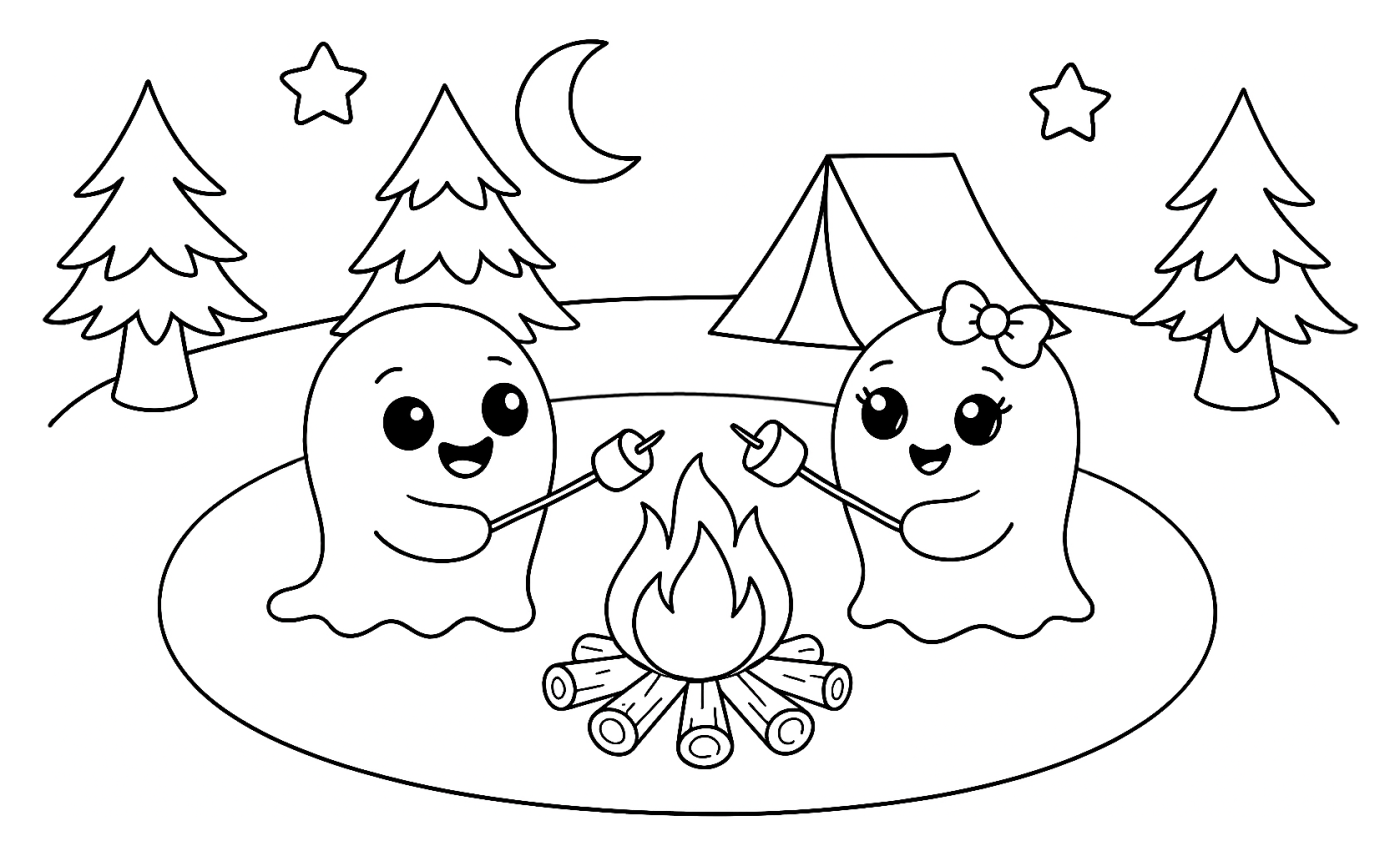 Two Cute Ghosts Camping with Marshmallows and Campfire 👻🔥🌲 Coloring Page