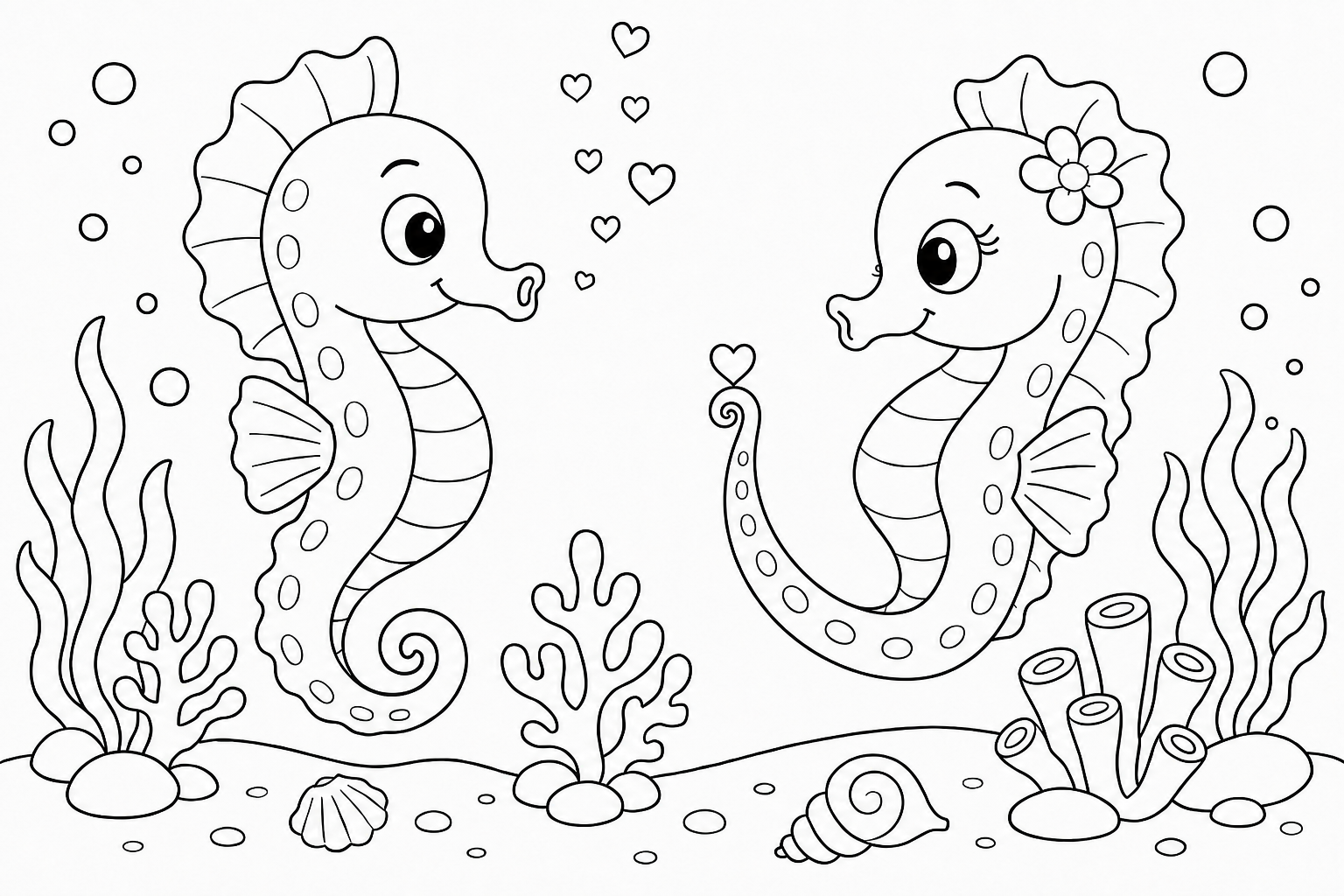 Supercute Seahorses in Love Under the Sea 🌊🐴💖 Coloring Page