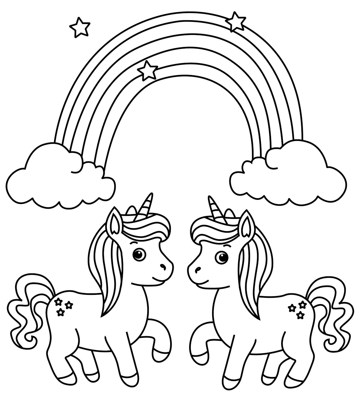 Two Cute Unicorns Standing under Rainbow with Stars 🦄🌈✨⭐ Coloring Page