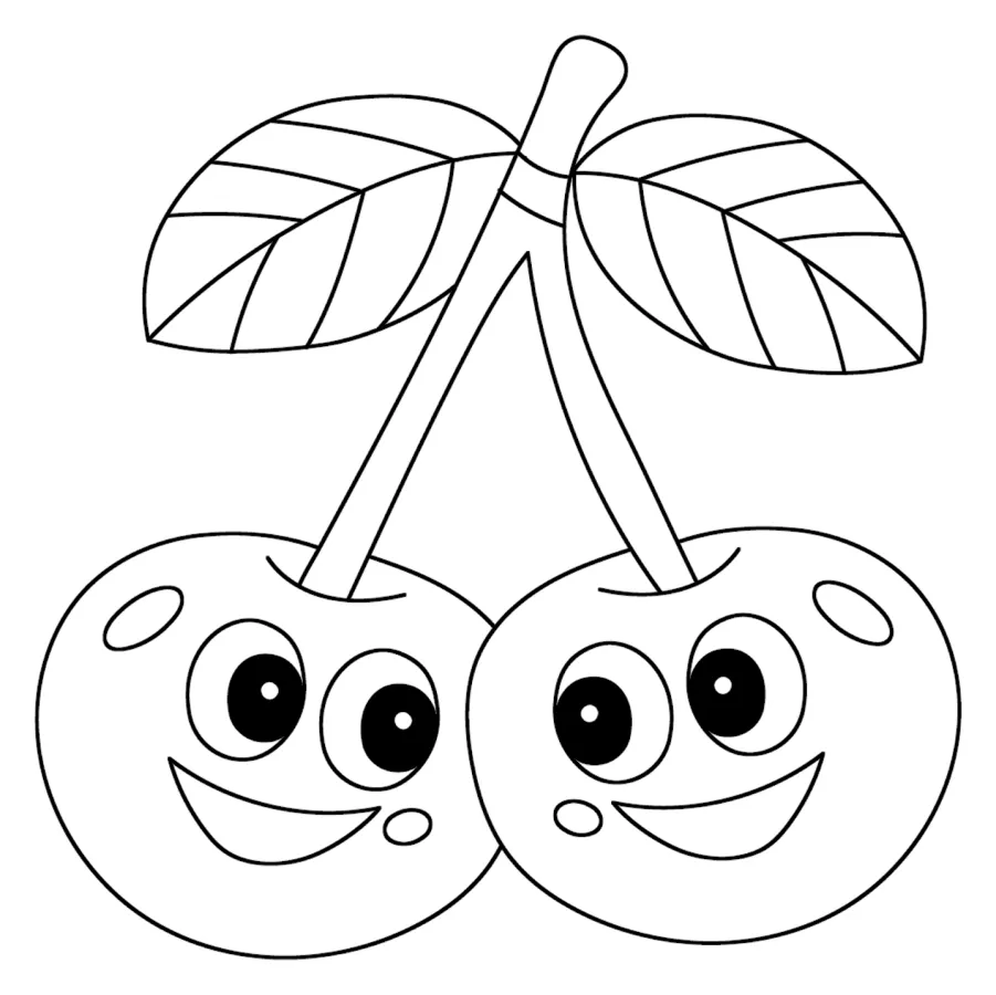 Two Friendly Cherries with Big Smiles and Leaves 🍒😊🌿 Coloring Page