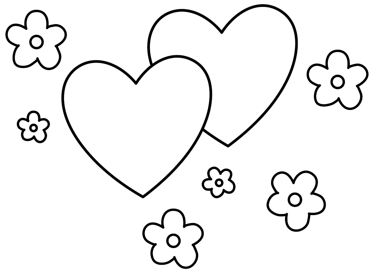 Two Hearts Surrounded by Flowers 💖🌸🌼💐🎨 Coloring Page