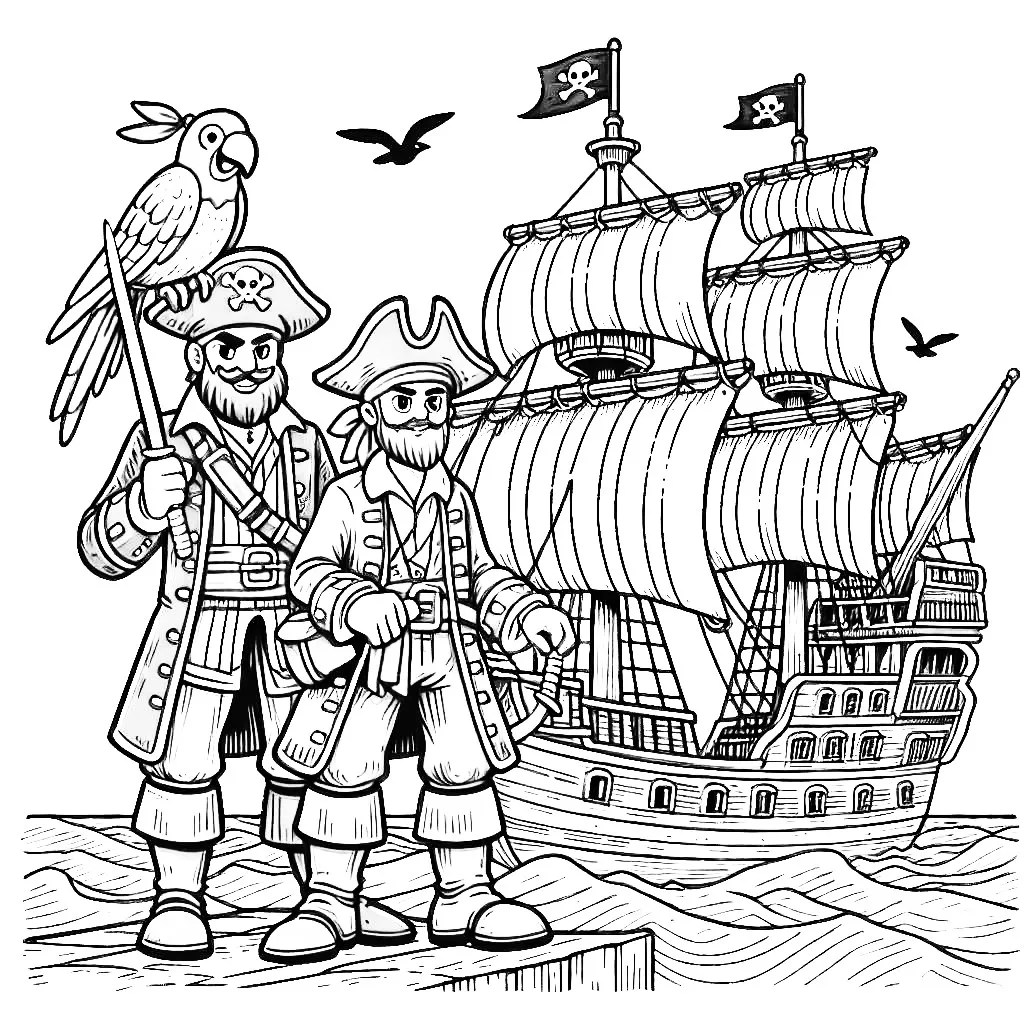 Two Pirates with Parrot on Hat Standing in Front of Pirate Ship 🏴‍☠️🦜 Coloring Page