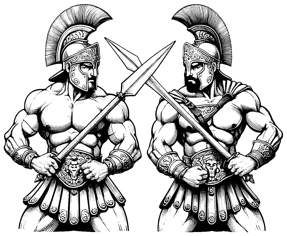 Two Roman Warriors Wearing Centurion Helmets and Holding Javelins ⚔️🛡️ Coloring Page