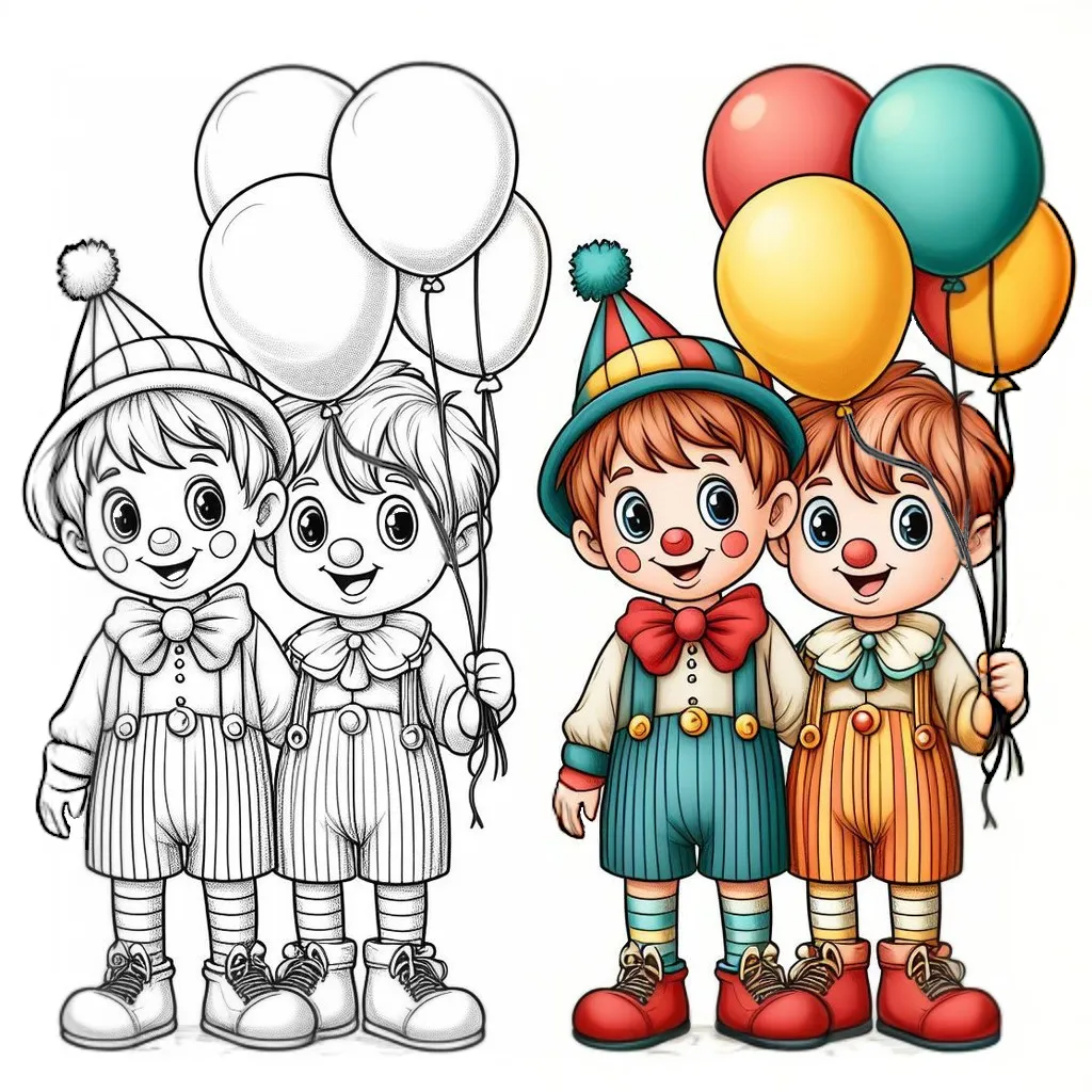 Two Boys Dressed up as Clowns with Balloons 👬🤡🎈 Coloring Page