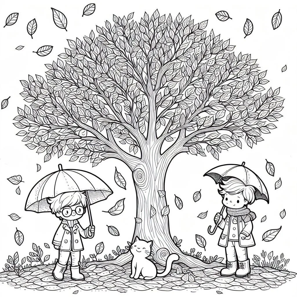 Two Boys with Umbrellas at a Tree with a Cat 🐱 in Fall 👬☔🍂 Coloring Page