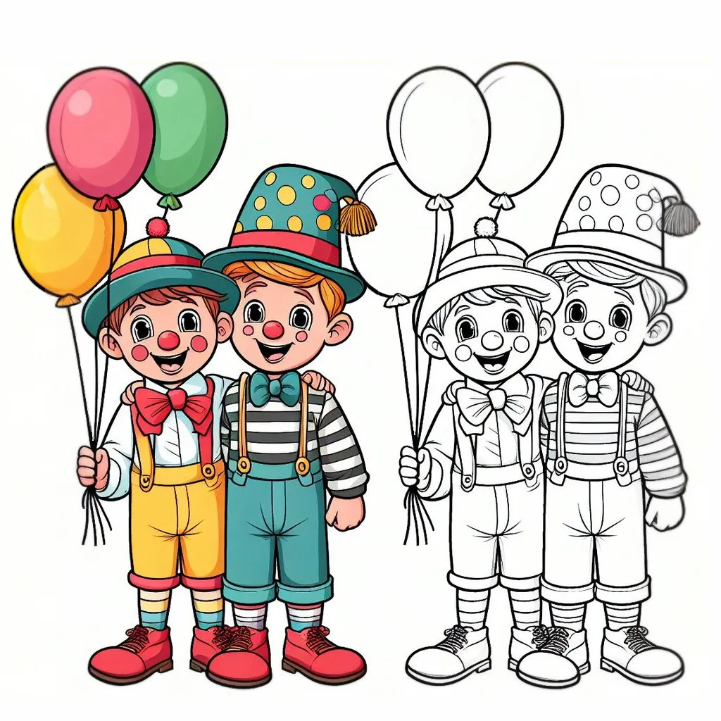 Two Brothers Dressed up as Clowns with Balloons 👬🤡🎈 Coloring Page