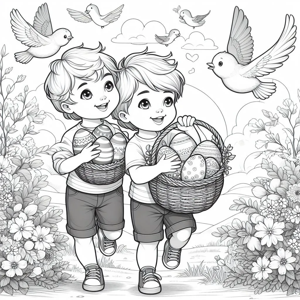 Two Brothers Collecting Easter Eggs and Playing Together 🐣👬🏞️ Coloring Page