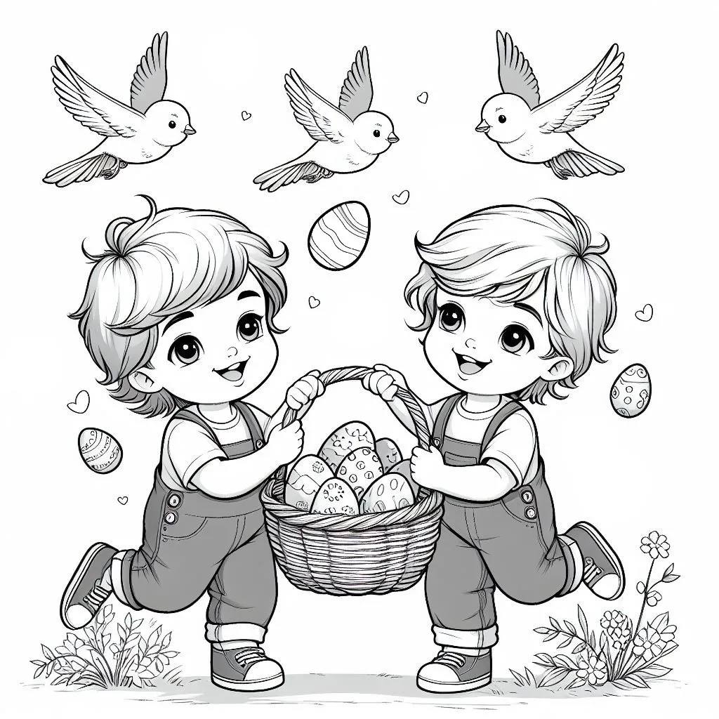 Two Brothers Collecting Easter Eggs and Playing Together 🐣👬🏞️ Coloring Page