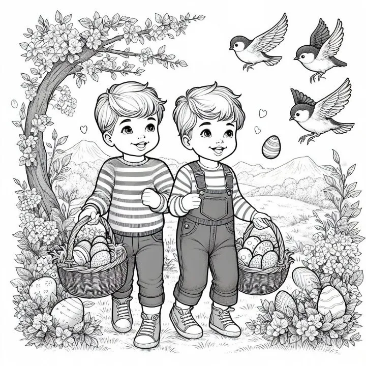 Two Brothers Collecting Easter Eggs and Playing Together 🐣👬🏞️ Coloring Page