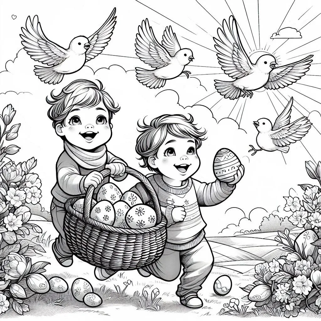Two Brothers Collecting Easter Eggs and Playing Together 🐣👬🏞️ Coloring Page