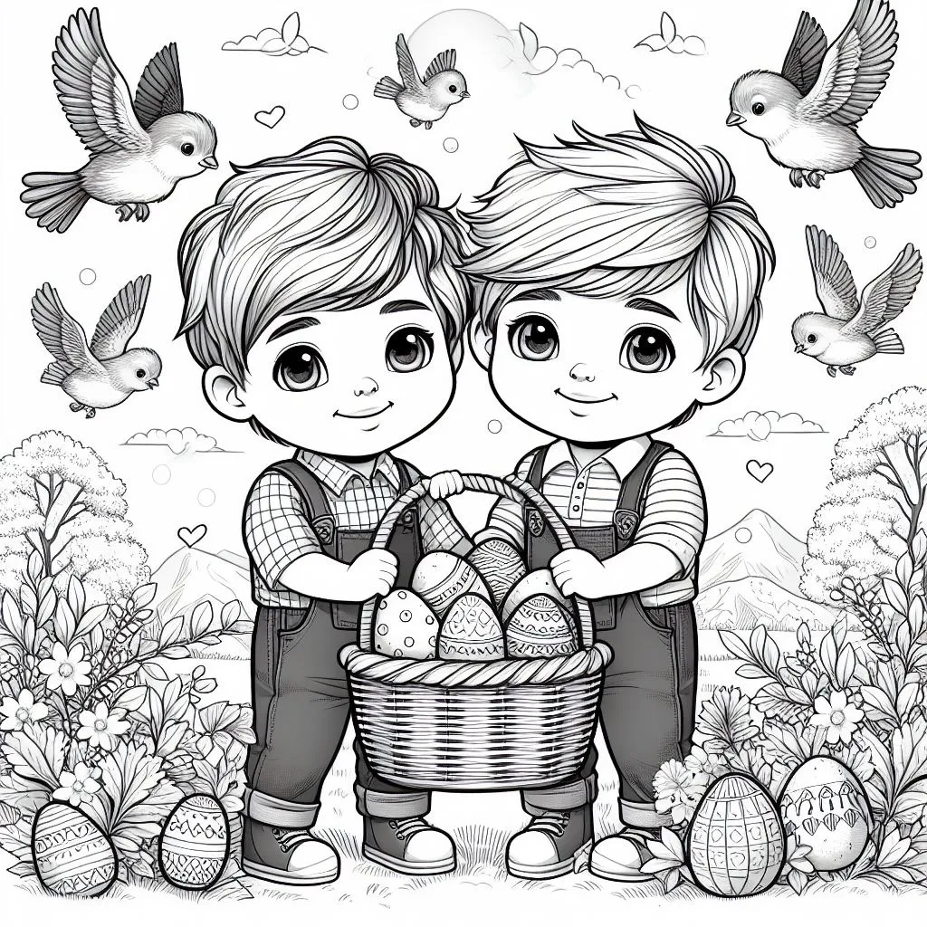 Two Brothers Collecting Easter Eggs and Playing Together 🐣👬🏞️ Coloring Page
