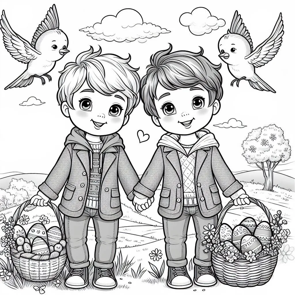 Two Brothers Collecting Easter Eggs and Playing Together 🐣👬🏞️ Coloring Page