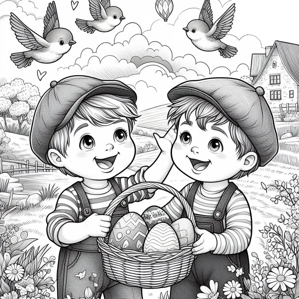 Two Brothers Collecting Easter Eggs and Playing Together 🐣👬🏞️ Coloring Page