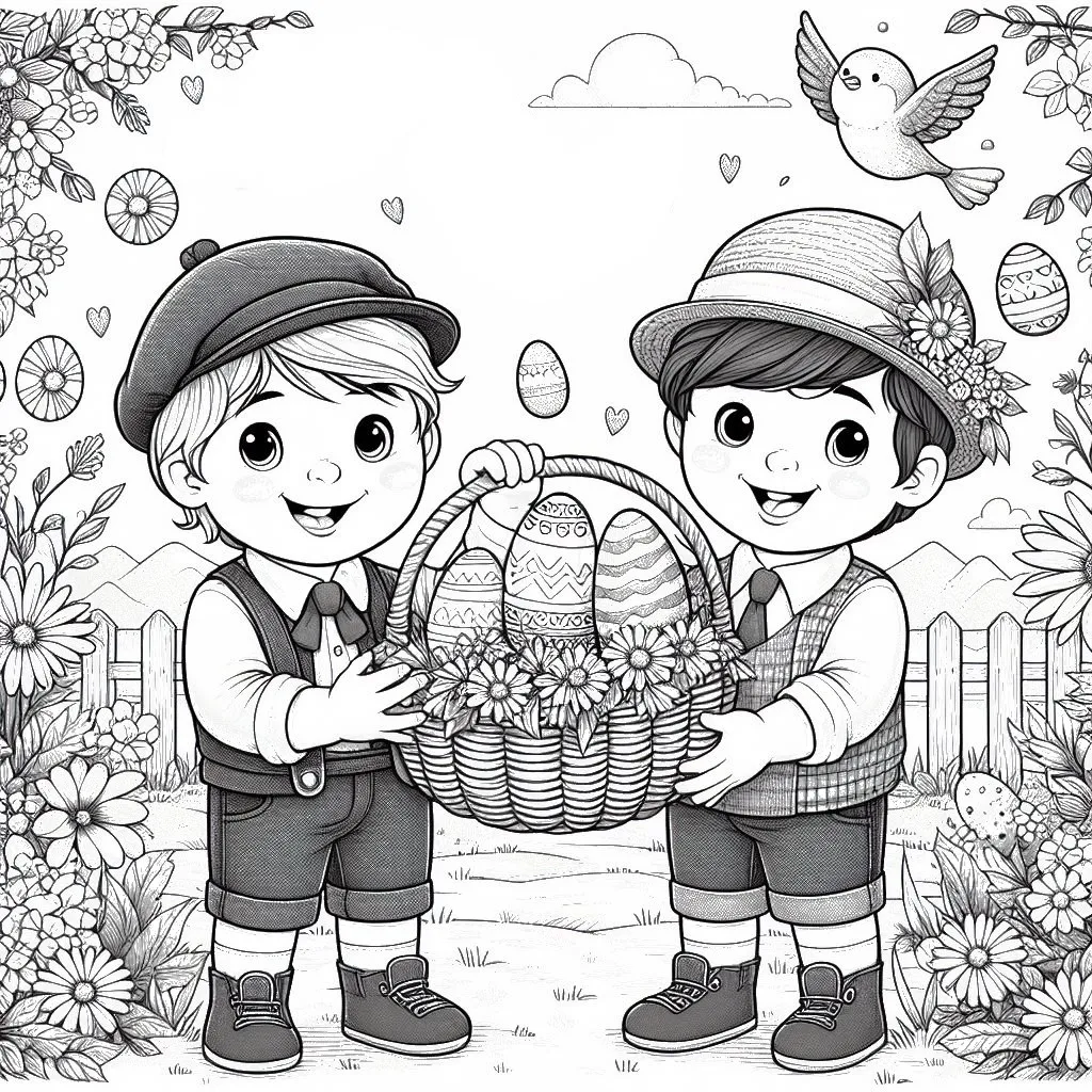 Two Brothers Collecting Easter Eggs and Playing Together 🐣👬🏞️ Coloring Page