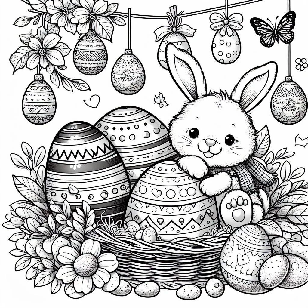 Easter Bunny and Basket with Easter Eggs 🐰🧺🐣 Coloring Page
