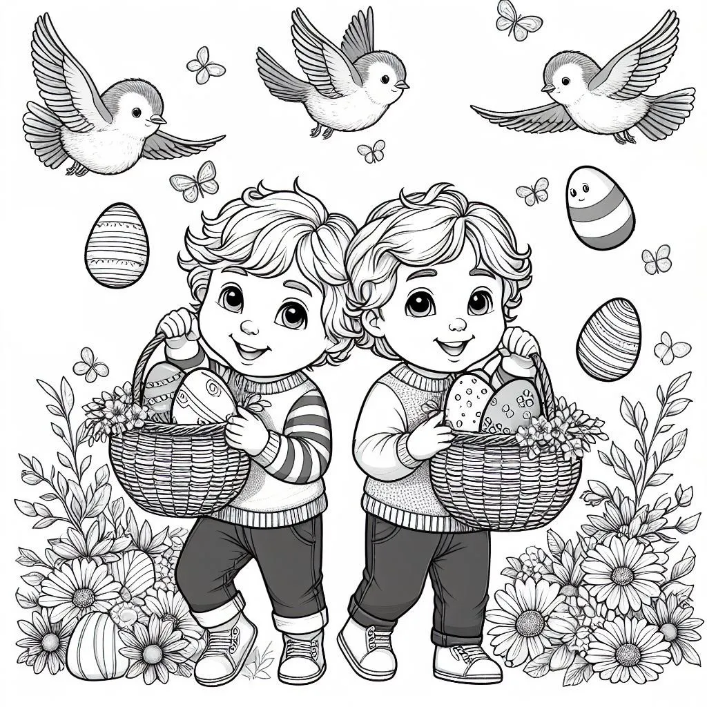 Two Brothers Collecting Easter Eggs and Playing Together 🐣👬🏞️ Coloring Page
