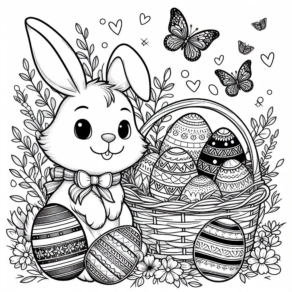 Easter Bunny and Basket with Easter Eggs 🐰🧺🐣 Coloring Page