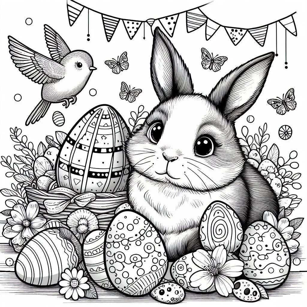 Easter Eggs with Rabbit 🐰 and Garland Flags and a Chick 🐥 Coloring Page