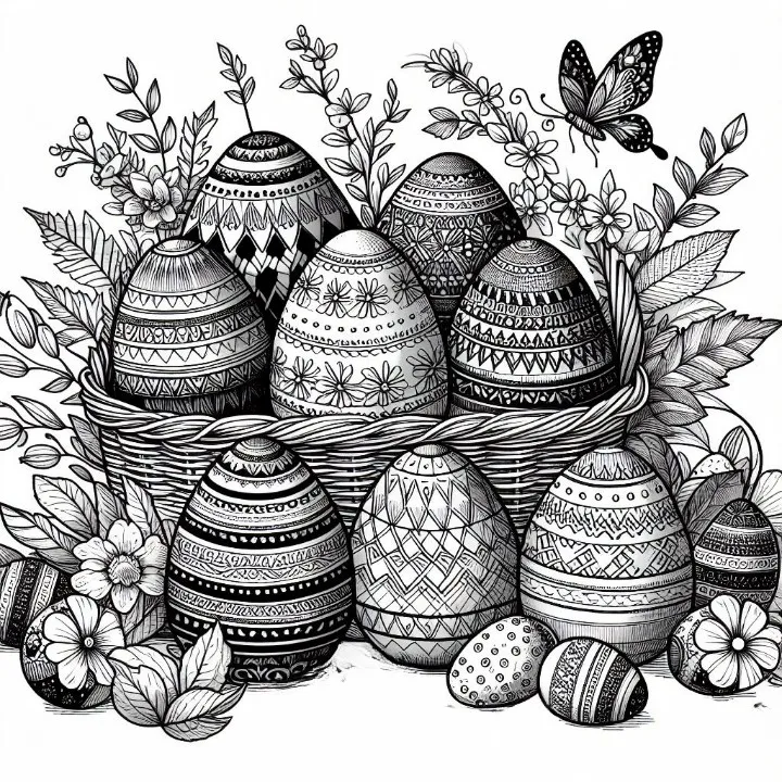Easter Eggs in Basket with Butterfly and Flowers 🐣🧺🦋🌸 Coloring Page