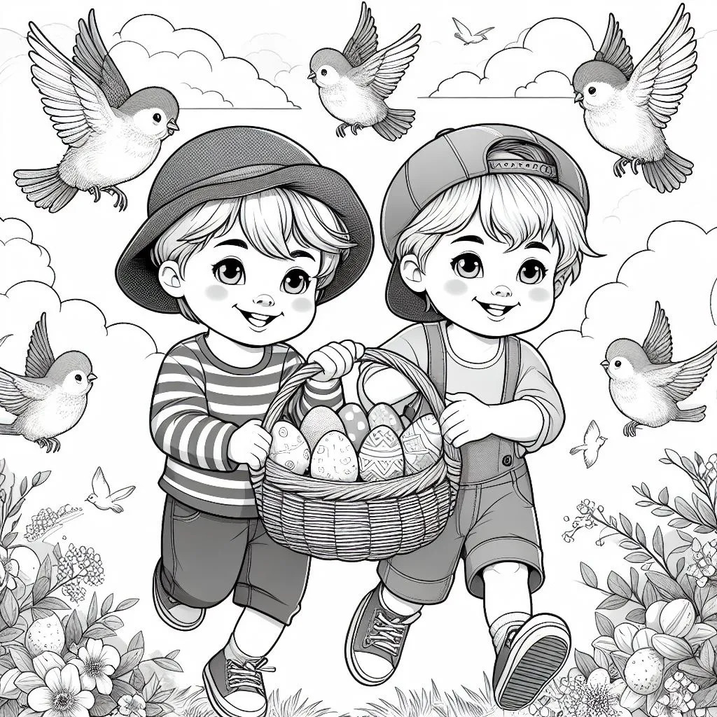 Two Brothers Collecting Easter Eggs and Playing Together 🐣👬🏞️ Coloring Page