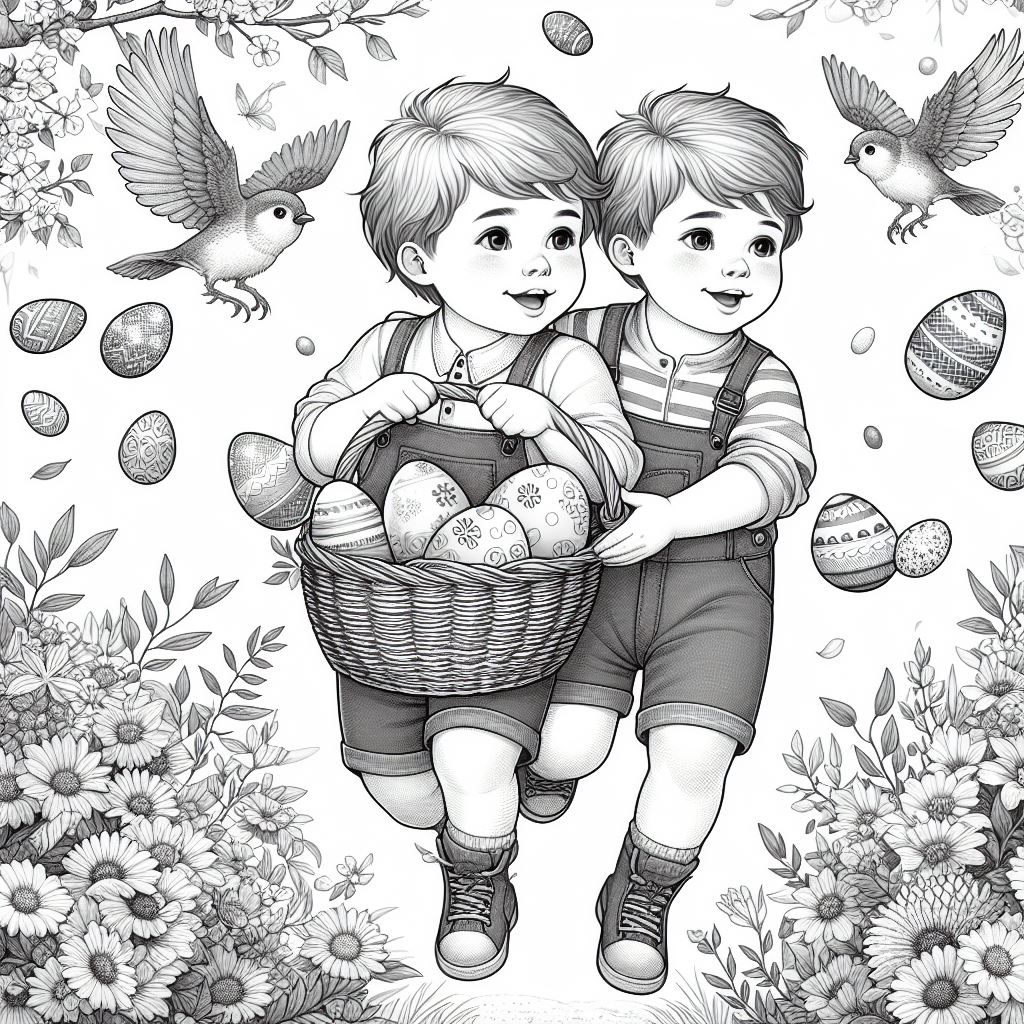 Two Brothers Collecting Easter Eggs and Playing Together 🐣👬🏞️ Coloring Page