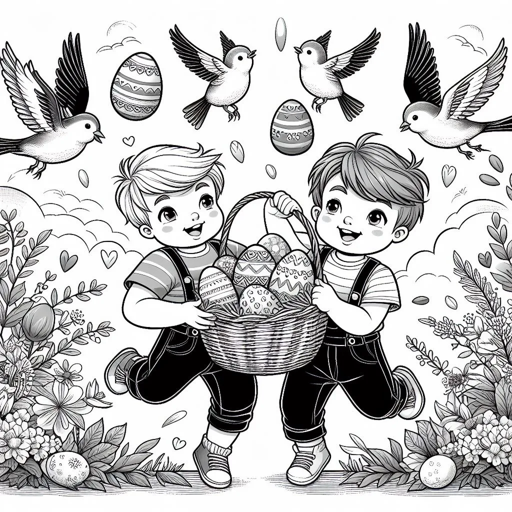 Two Brothers Collecting Easter Eggs and Playing Together 🐣👬🏞️ Coloring Page