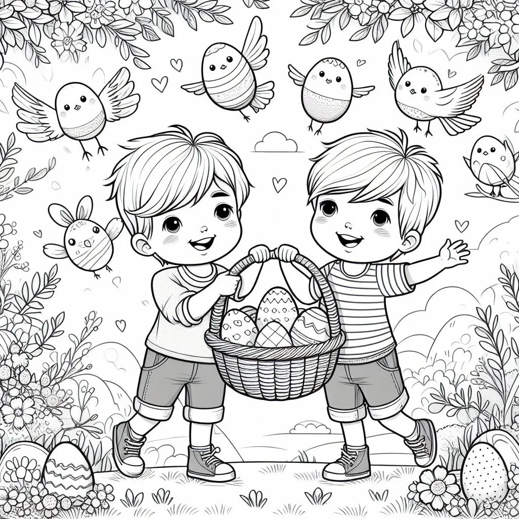 Two Brothers Collecting Easter Eggs and Playing Together 🐣👬🏞️ Coloring Page