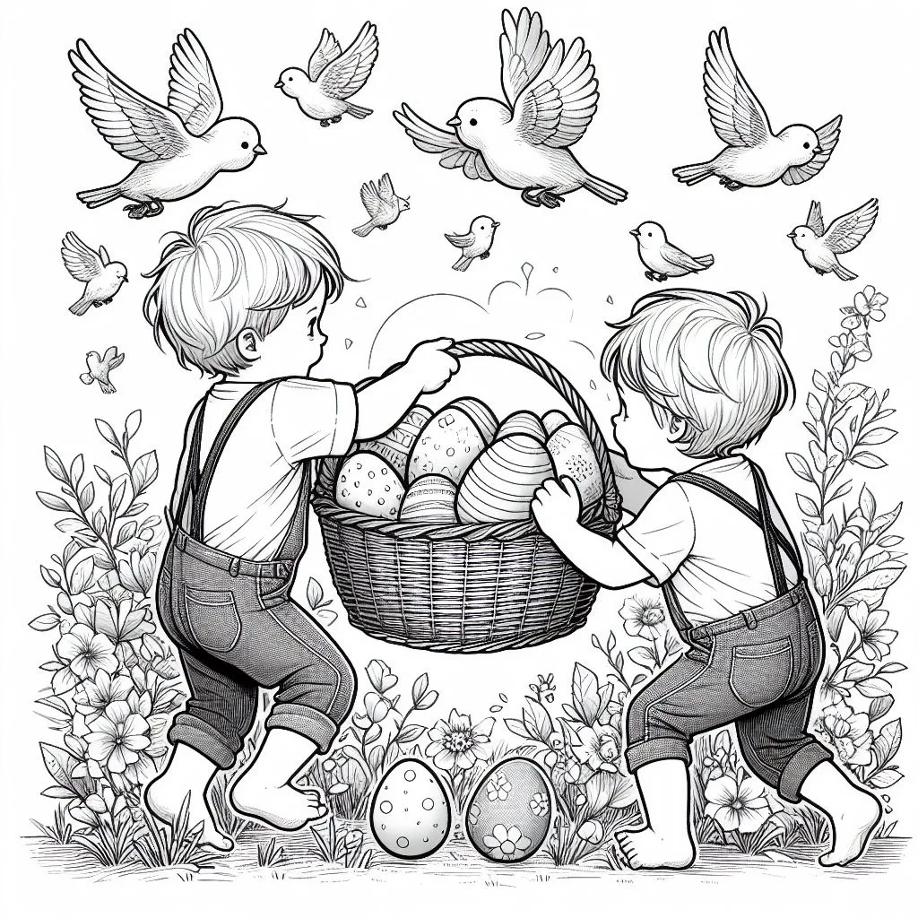 Two Brothers Collecting Easter Eggs and Playing Together 🐣👬🏞️ Coloring Page