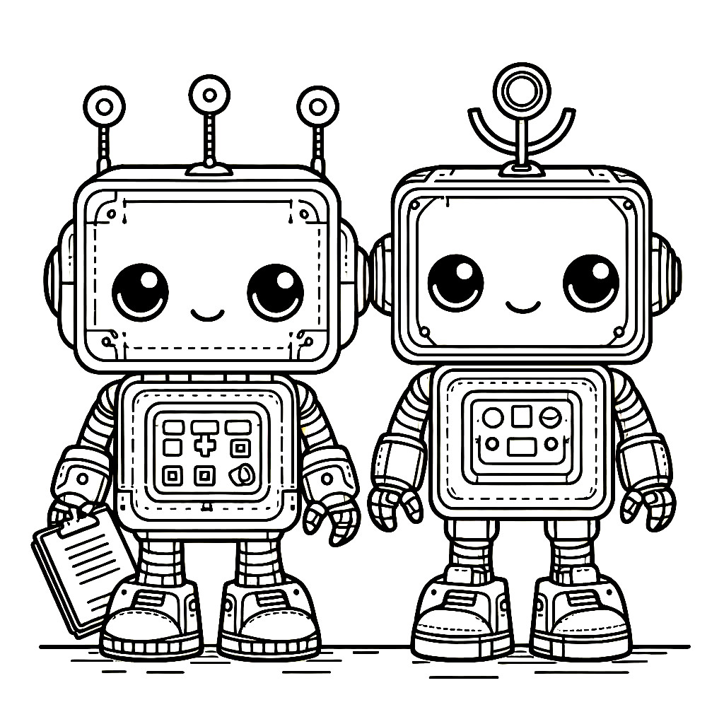 Two Cute Robots 🤖💖🤖💖 Coloring Page