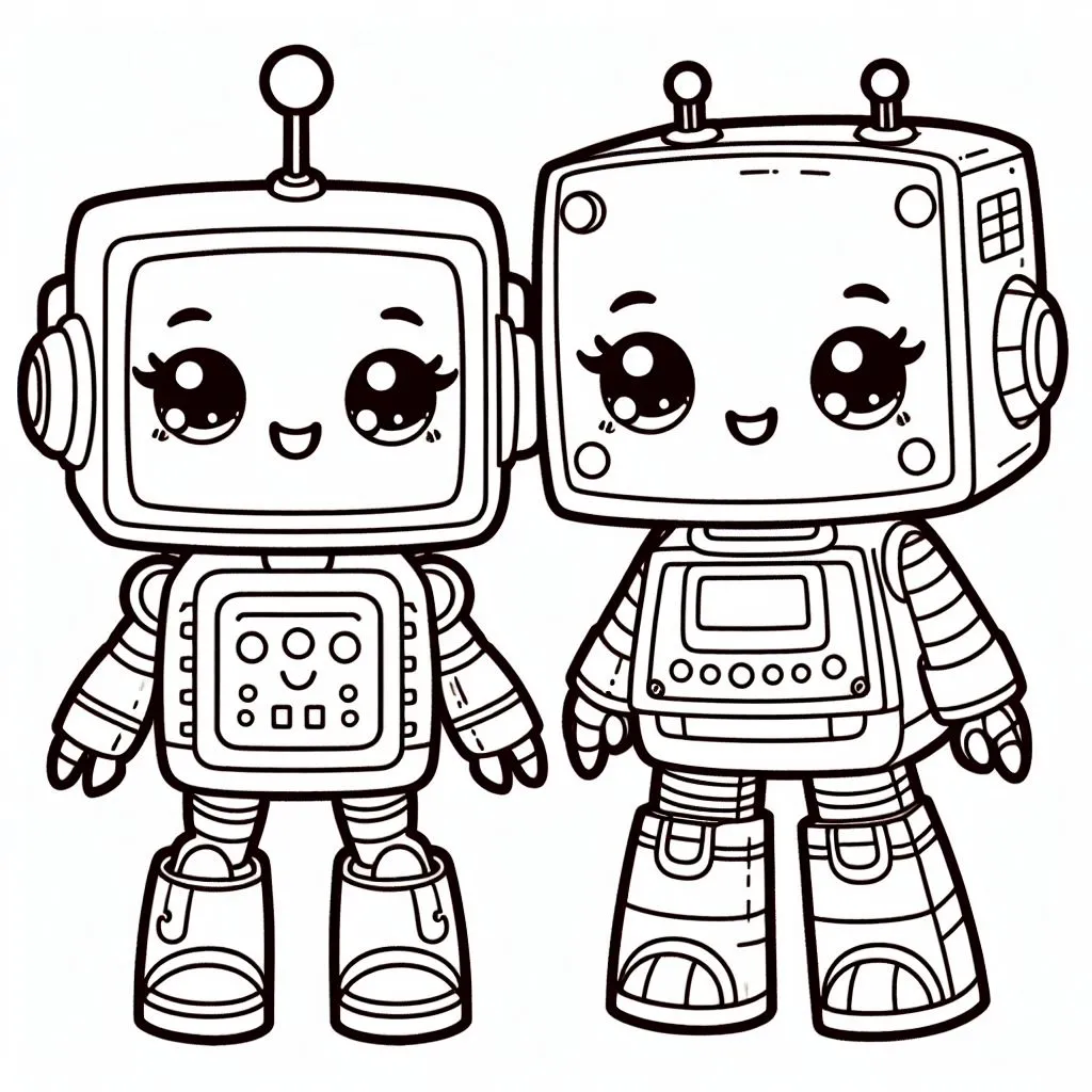 Two Cute Robots 🤖💖🤖💖 Coloring Page