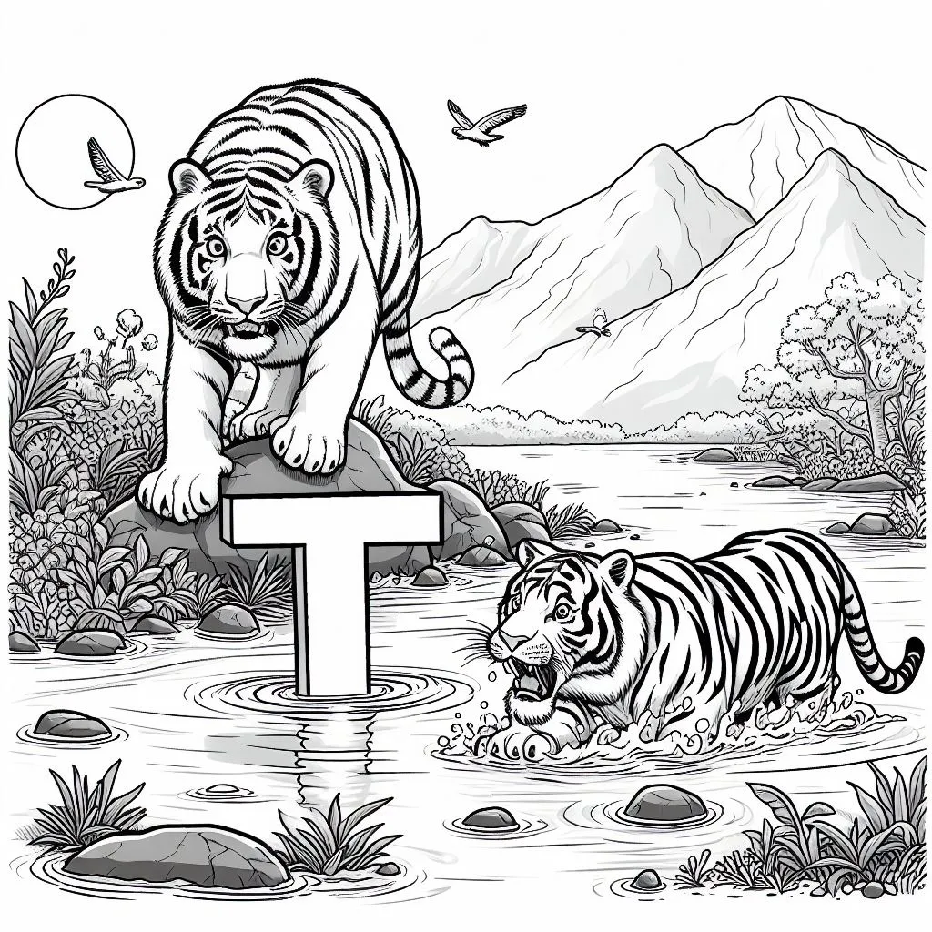 Two Tigers and Letter T in the Water 🐅🐅🌊 Coloring Page