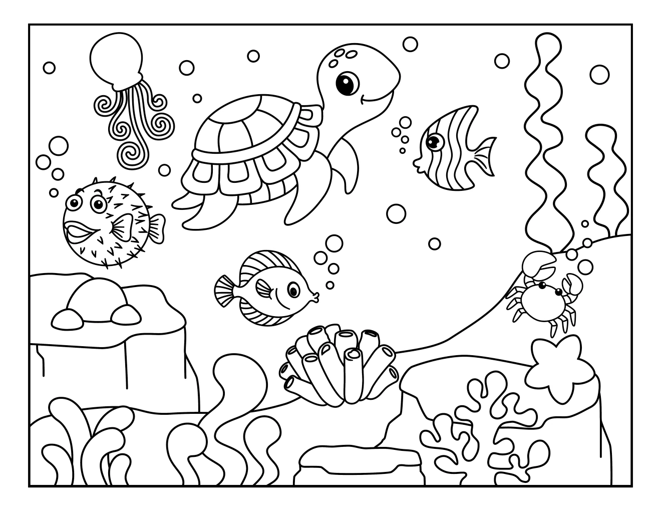 Underwater World with Sea Turtle, Fish, Crab, Squid and Coral 🐢🐠🦑🐙🌊 Coloring Page