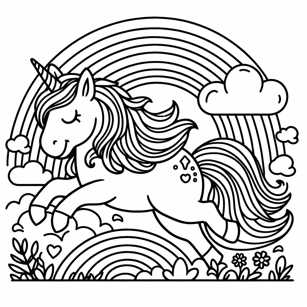 Unicorn with Clouds and Rainbow 🦄🌈☁️ Coloring Page