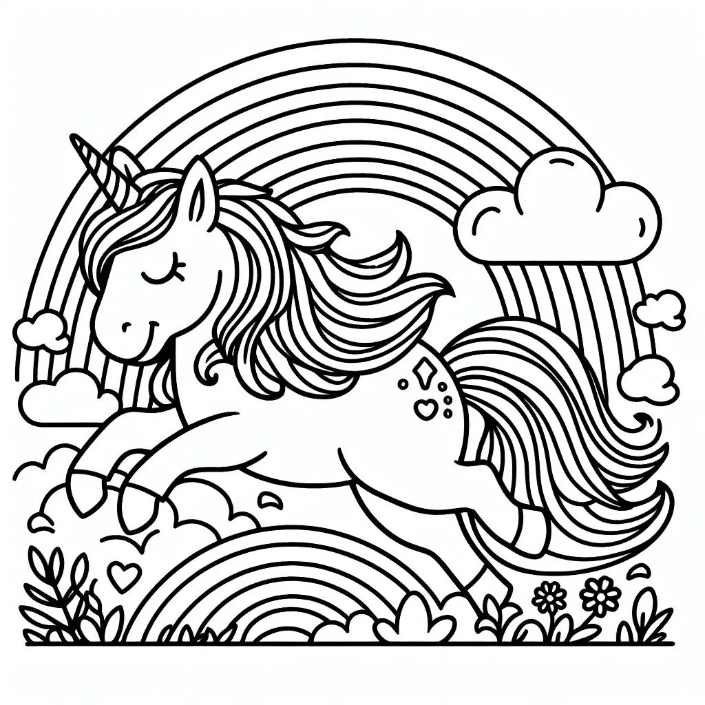 Unicorn with Clouds and Rainbow 🦄🌈☁️ Coloring Page