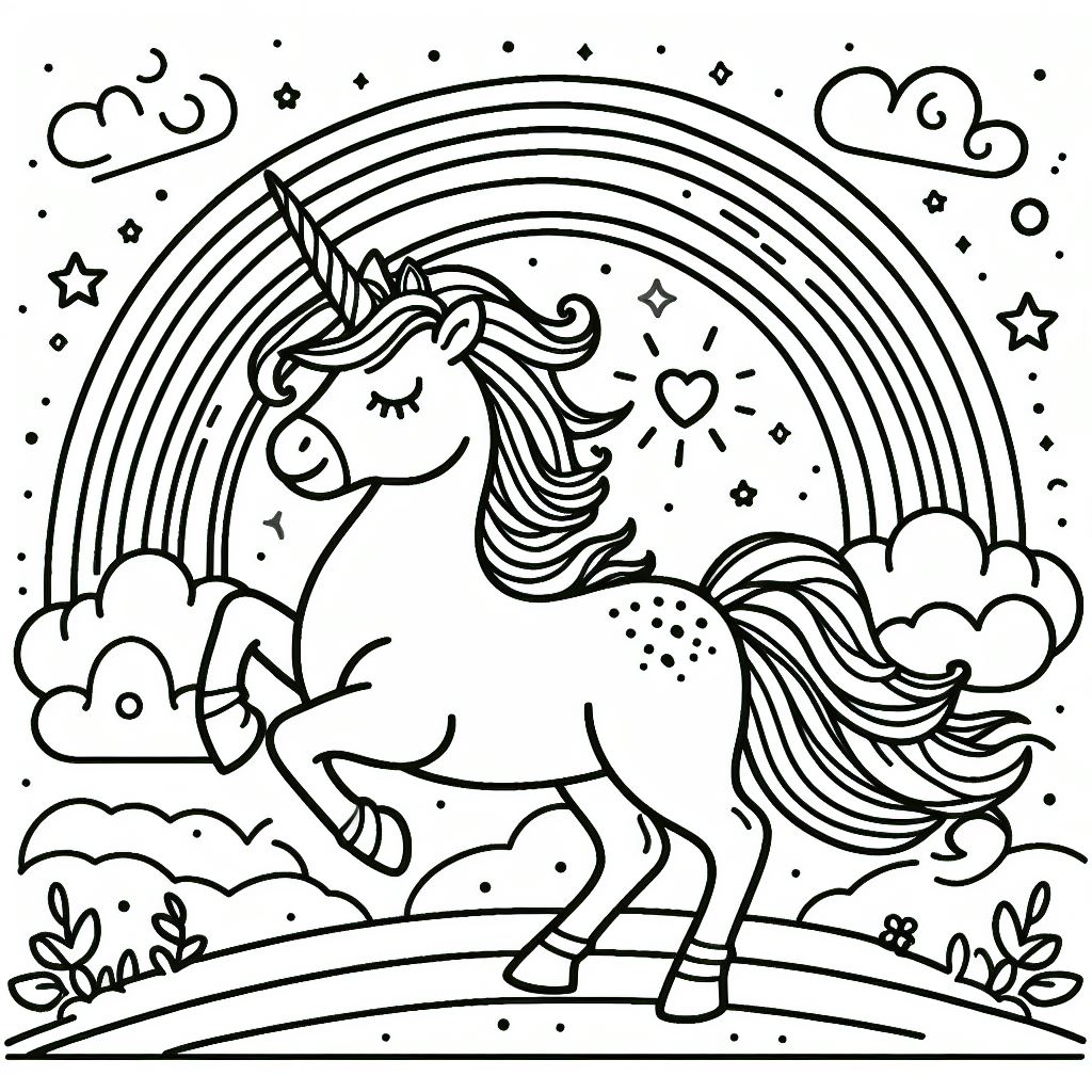 Unicorn with Clouds and Rainbow 🦄🌈☁️ Coloring Page