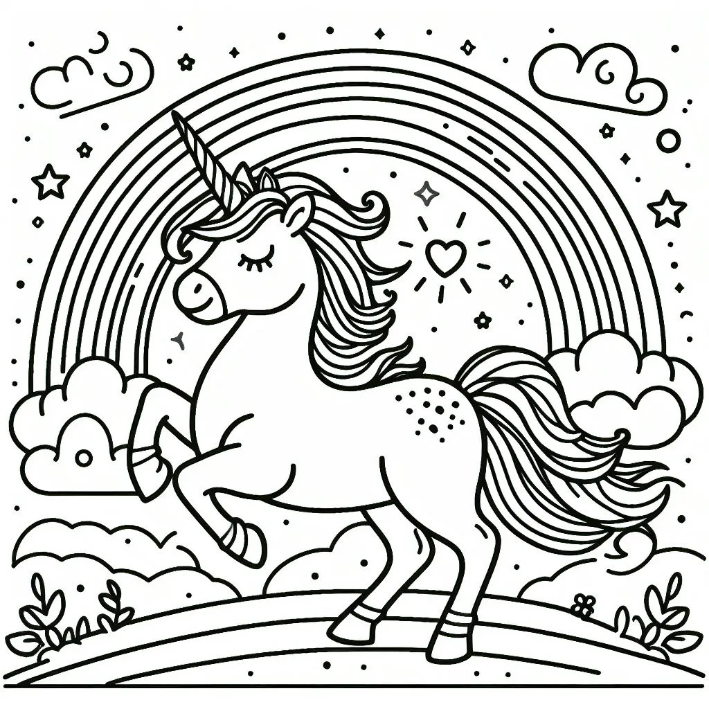 Unicorn with Clouds and Rainbow 🦄🌈☁️ Coloring Page