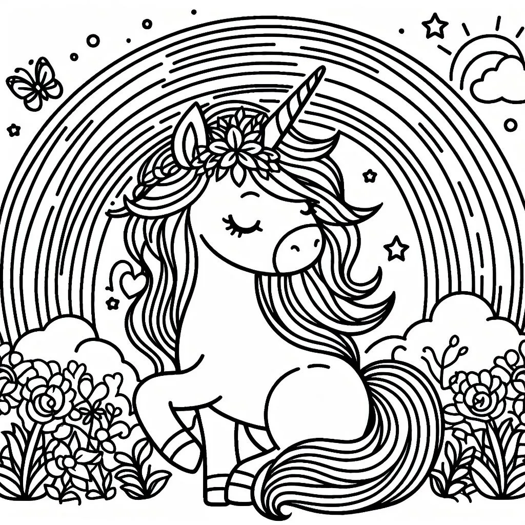 Unicorn with Clouds and Rainbow 🦄🌈☁️ Coloring Page