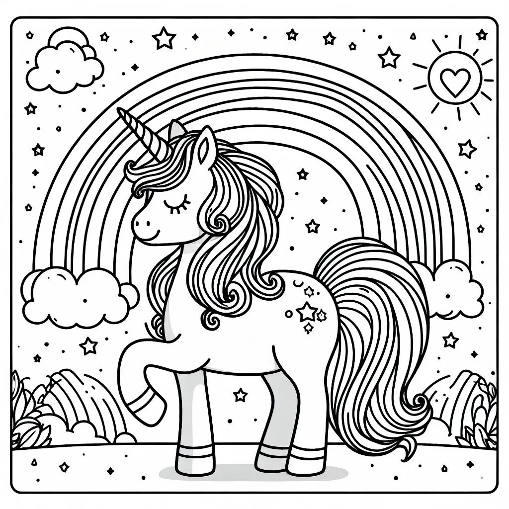 Unicorn with Clouds and Rainbow 🦄🌈☁️ Coloring Page