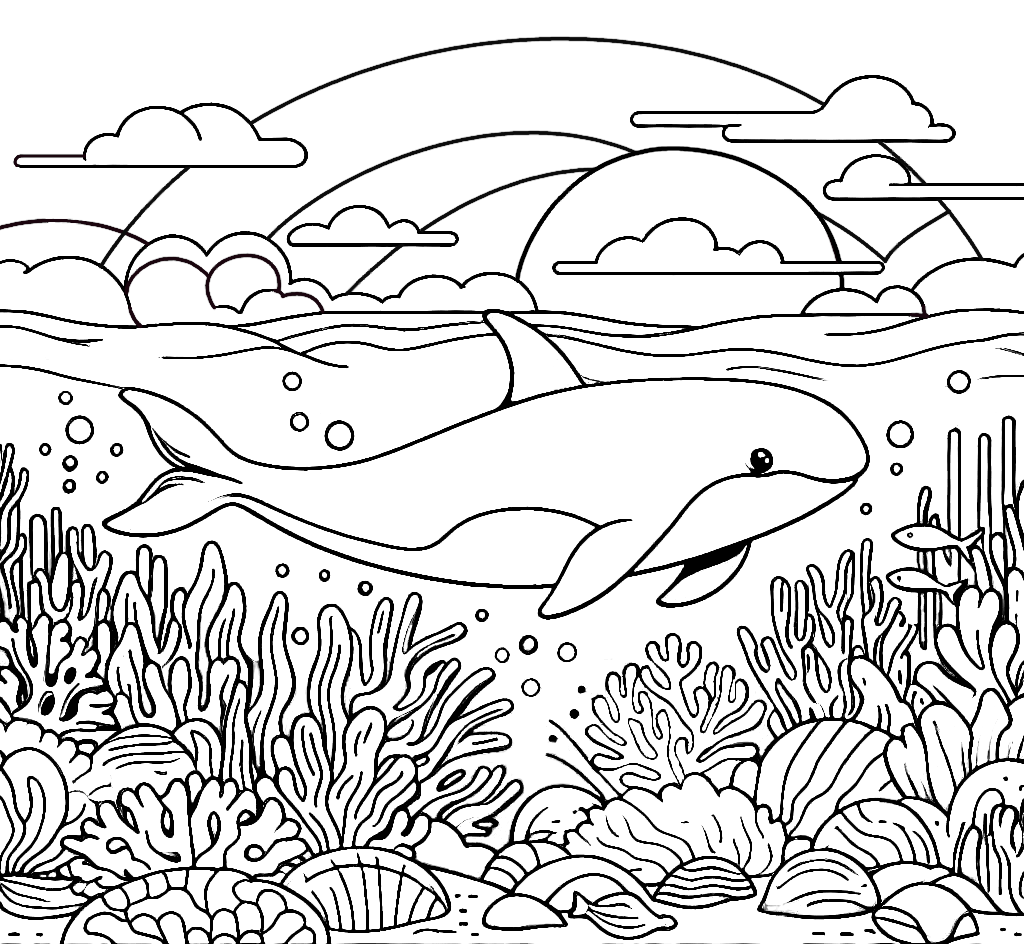 Vaquita Fish Swimming in Colorful Sea Environment at Sunset 🐟🌊🌅 Coloring Page