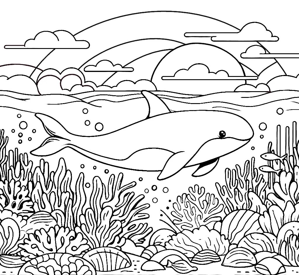 Vaquita Fish Swimming in Colorful Sea Environment at Sunset 🐟🌊🌅 Coloring Page