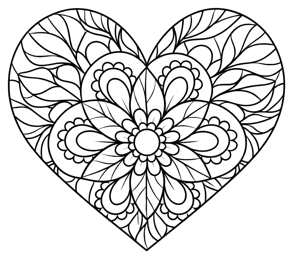 A Heart Filled with Floral Patterns and Leaves 🌸💖🌿 Coloring Page